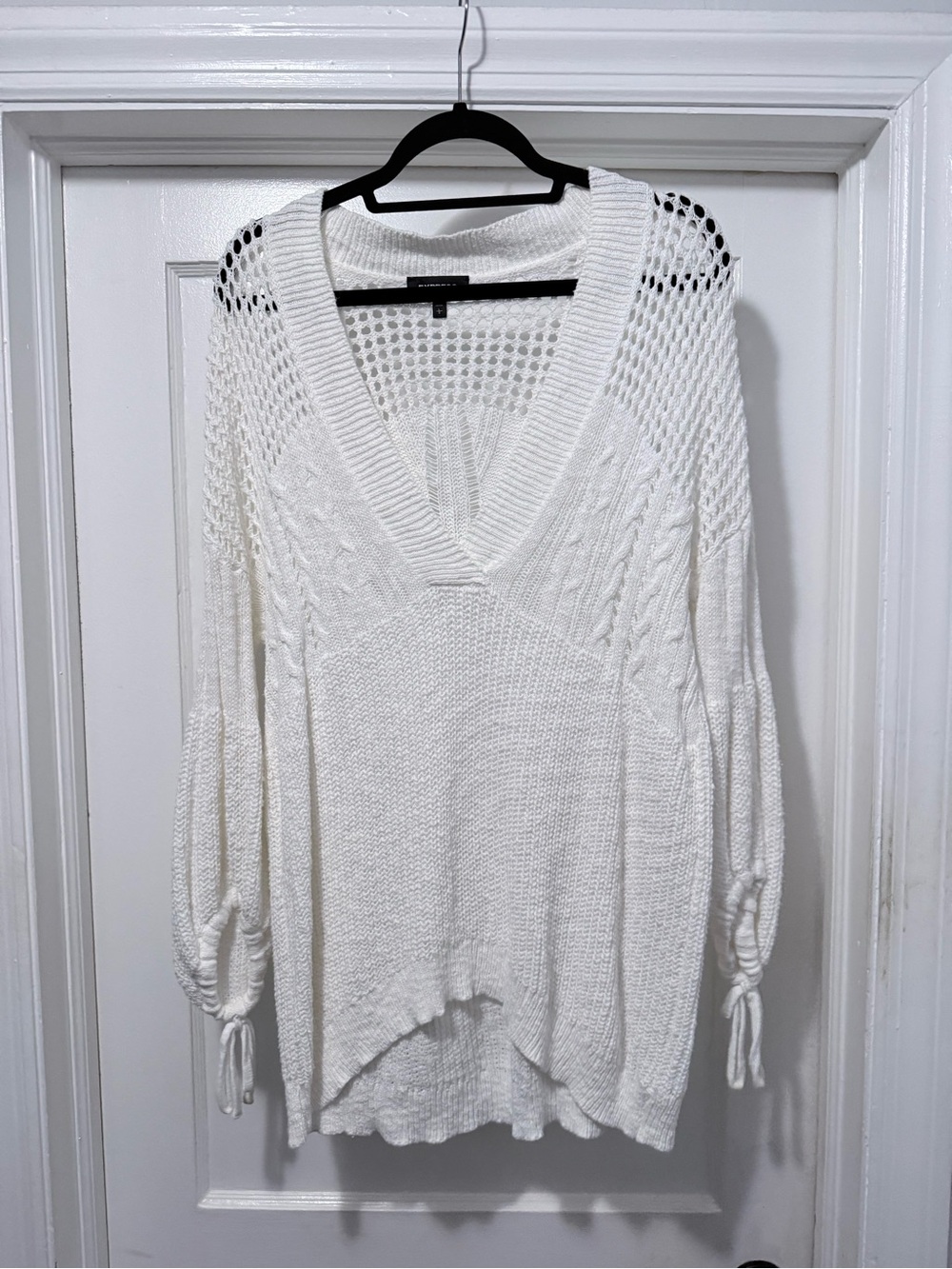 Express Cream Open-Knit V-Neck Sweater